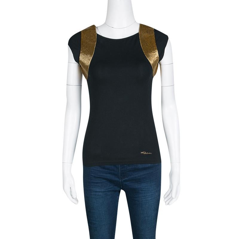 
Let your bold and unique taste in fashion shine through even with your casual outfits with this top by Roberto Cavalli. This simple black top comes detailed with gold bead embellishment near the collars and simple cap sleeves. A perfect outfit for