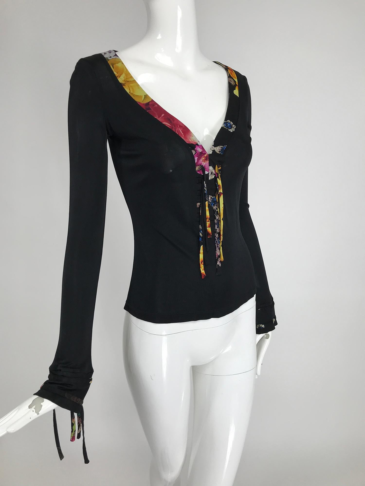 Roberto Cavalli Black Jersey V Plunge Laced  Front Long Sleeve Top 4