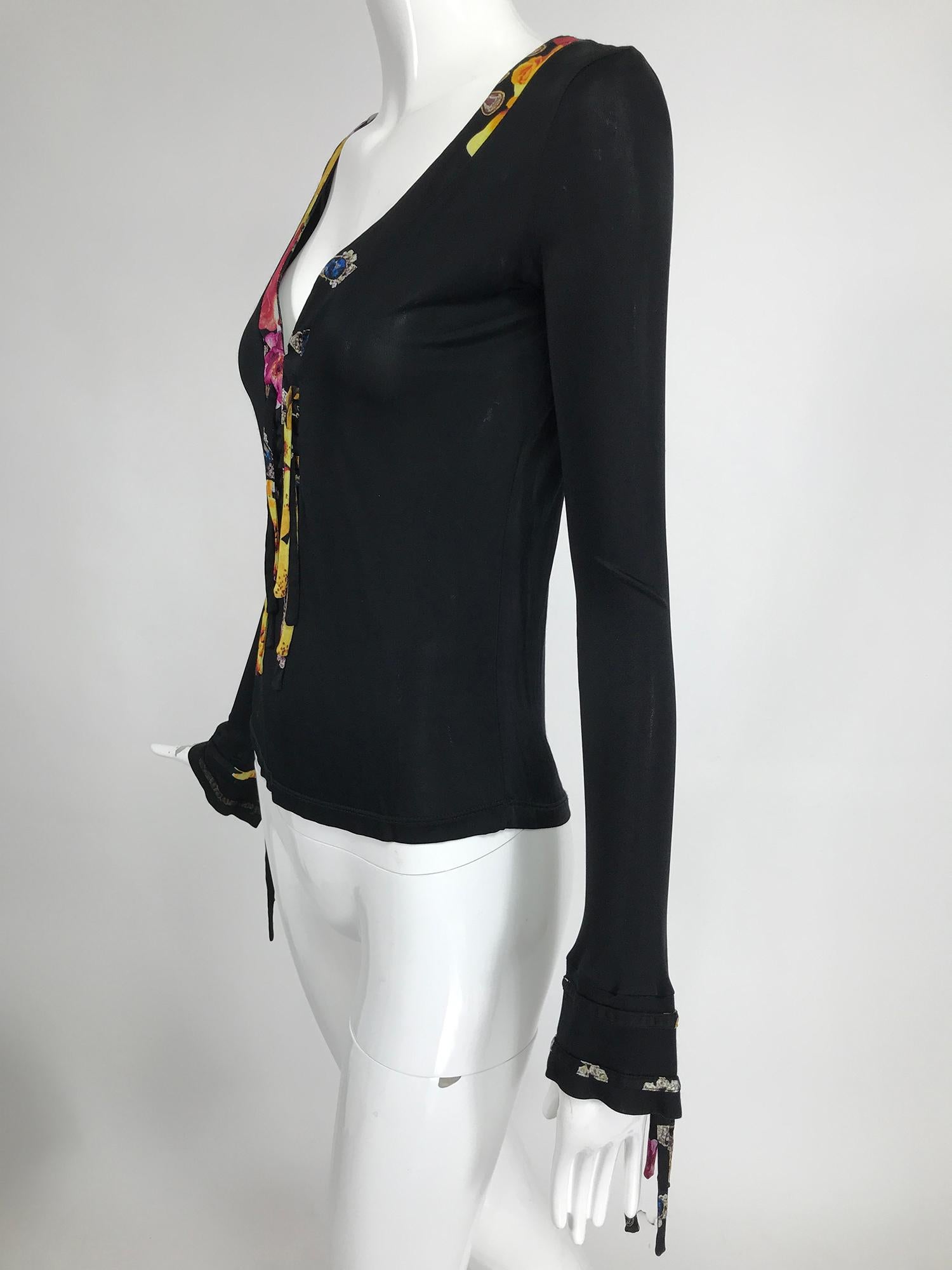 Roberto Cavalli Black Jersey V Plunge Laced  Front Long Sleeve Top In Good Condition In West Palm Beach, FL