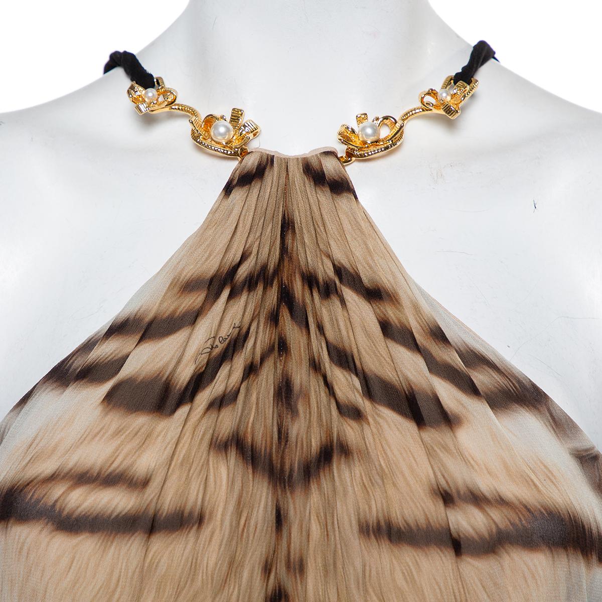 Roberto Cavalli Black Knit Animal Printed Trim Detail Halter Neck Maxi Dress L 4