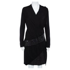 Roberto Cavalli Black Knit Metal Embellished Detail Faux Wrap Dress L