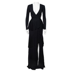 Roberto Cavalli Black Knit Ruffled Maxi Wrap Dress S
