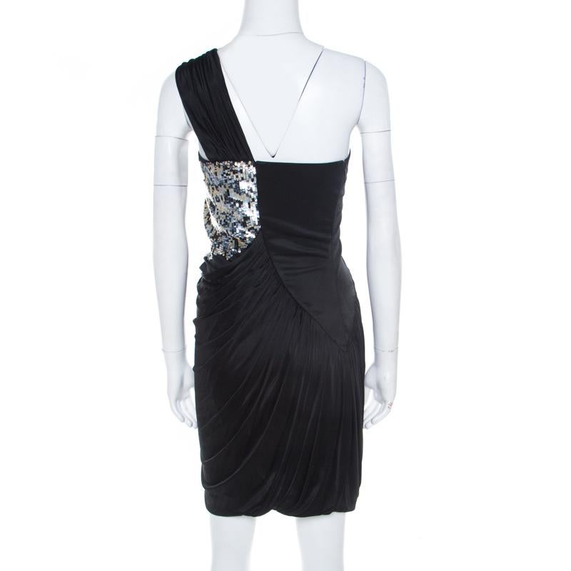 Roberto Cavalli Black Knit Sequined Bodice Draped One Shoulder Dress M In Good Condition In Dubai, Al Qouz 2