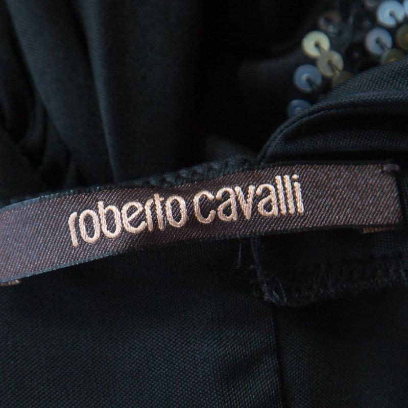 Women's Roberto Cavalli Black Knit Sequined Bodice Draped One Shoulder Dress M