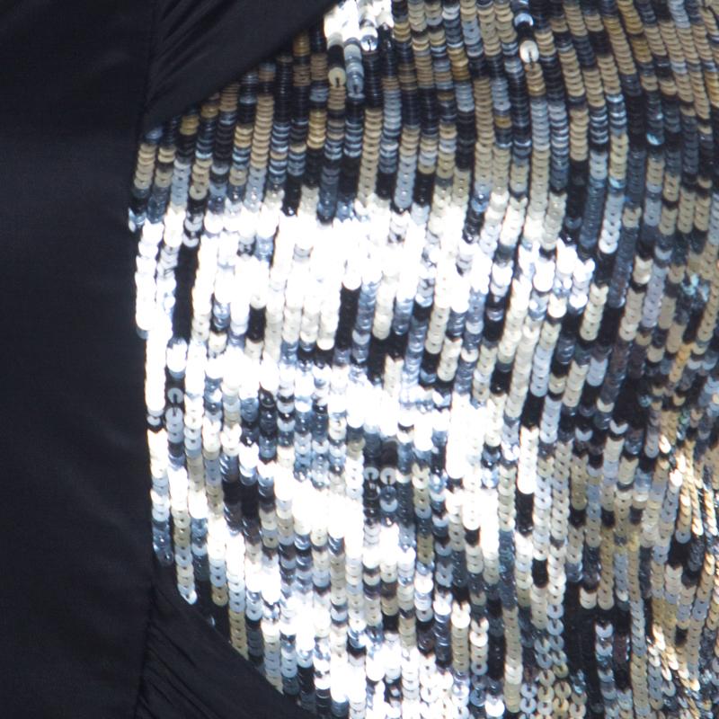 Roberto Cavalli Black Knit Sequined Bodice Draped One Shoulder Dress M 2