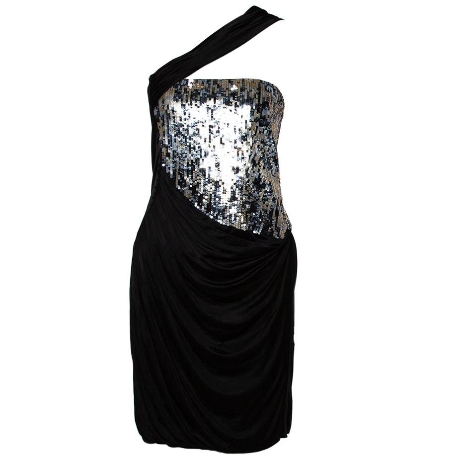 Roberto Cavalli Black Knit Sequined & Draped One Shoulder Dress M