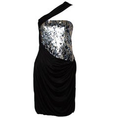 Roberto Cavalli Black Knit Sequined 
Draped One Shoulder Dress M