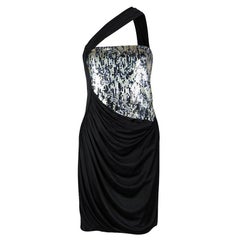 Roberto Cavalli Black Knit Sequinned Panel Detail One Shoulder Draped Dress M
