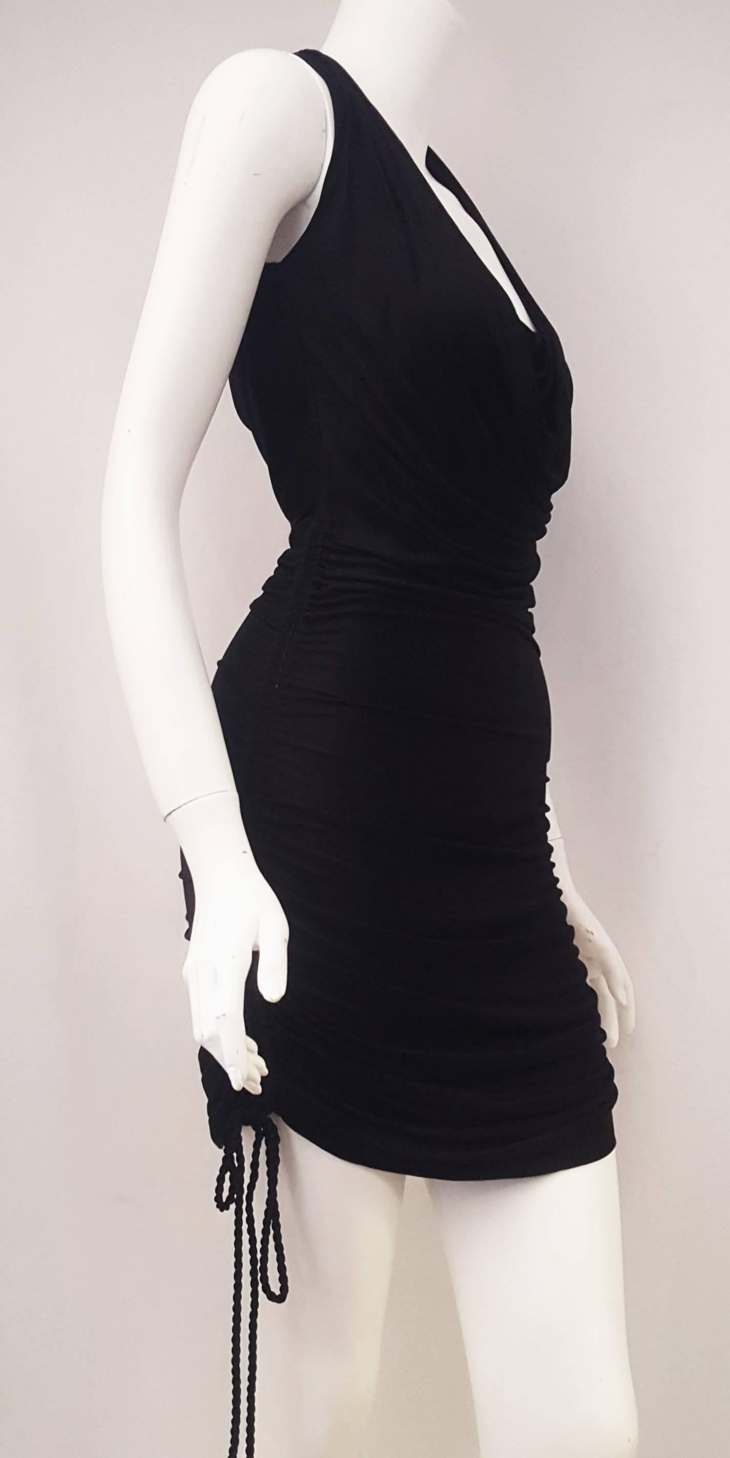 Women's Roberto Cavalli Black Knit Viscose Gathered Dress with Low Scoop Collar For Sale