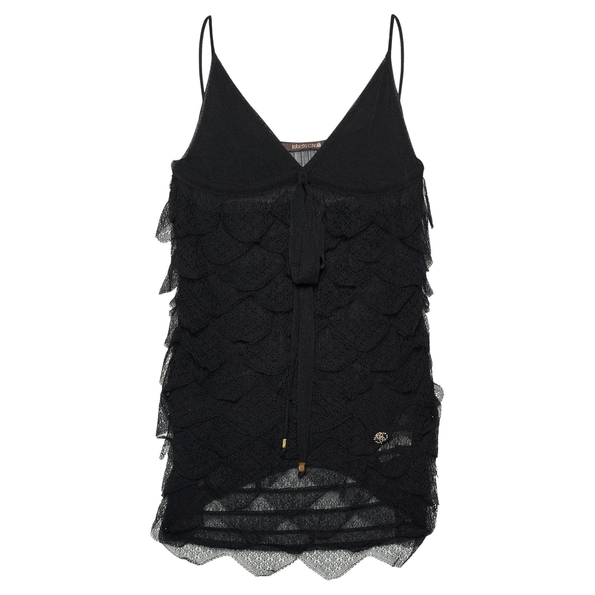 Roberto Cavalli Black Lace Frill Detail Sleeveless Top S For Sale