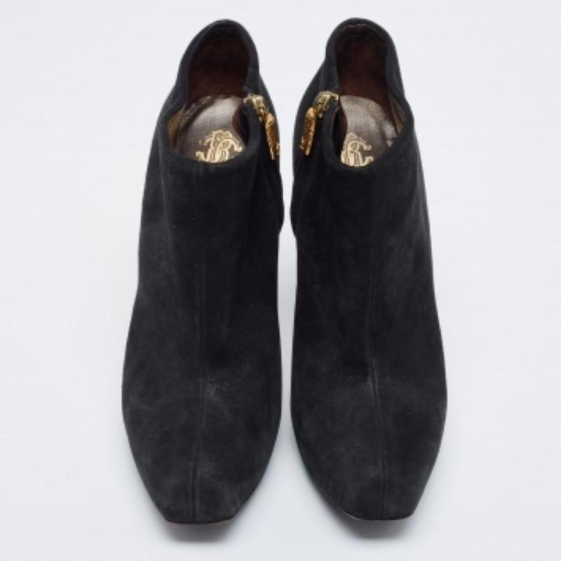 Women's Roberto Cavalli Black Laminated Suede Ankle Boots Size 38 For Sale