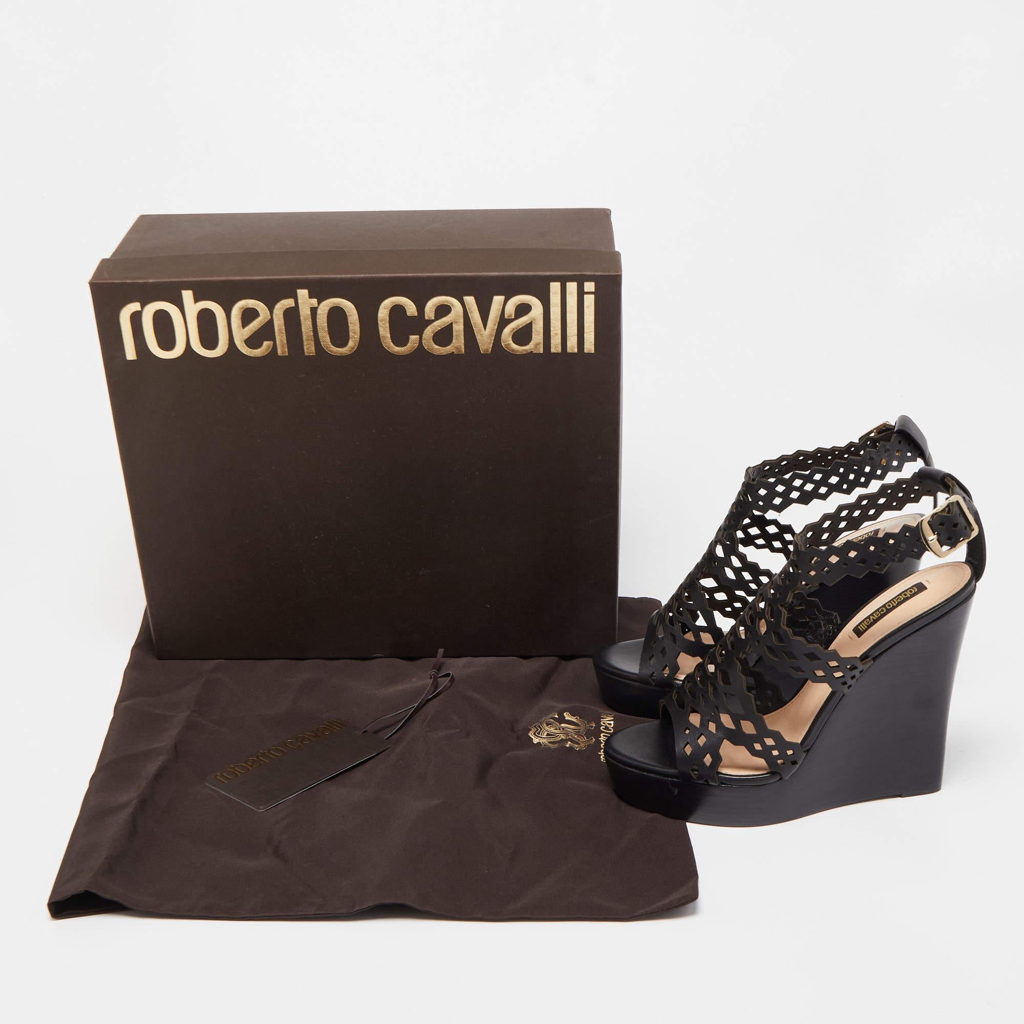 Roberto Cavalli Black Laser Cut Leather Ankle Strap Wedge Sandals Size 37 3