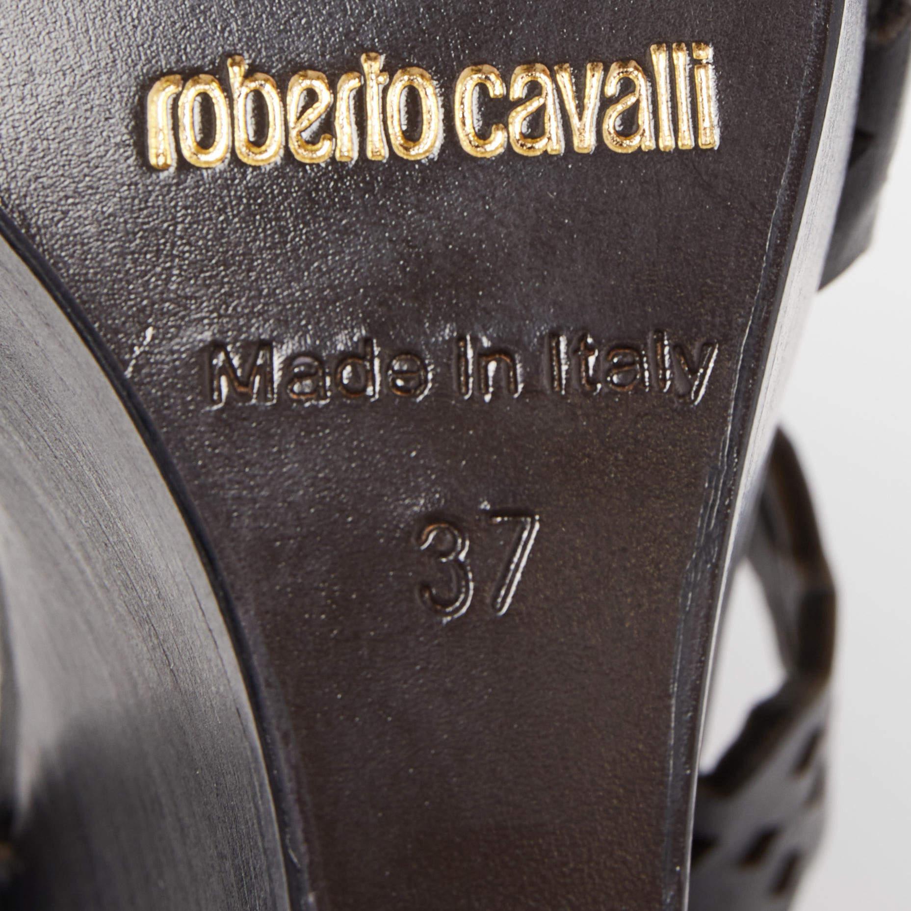 Roberto Cavalli Black Laser Cut Leather Ankle Strap Wedge Sandals Size 37 4