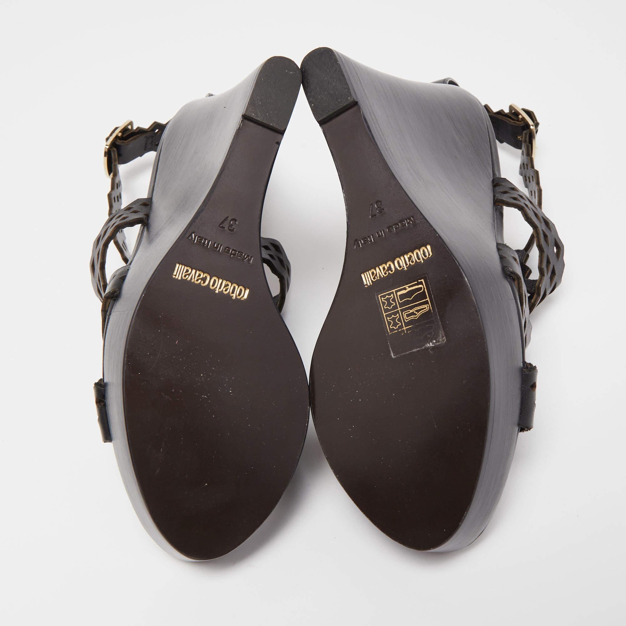 Roberto Cavalli Black Laser Cut Leather Ankle Strap Wedge Sandals Size 37 5
