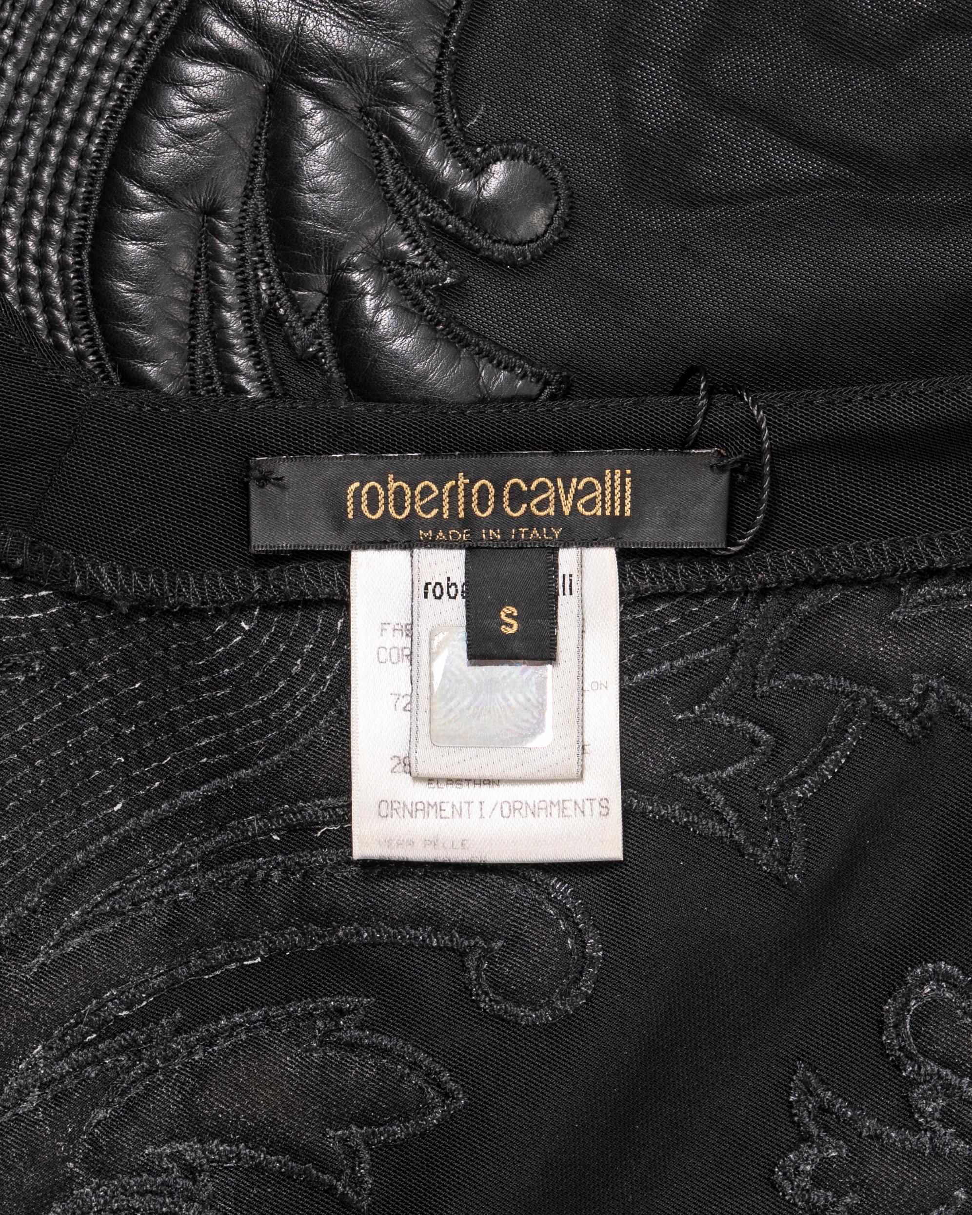 Roberto Cavalli black leather and nylon mesh low back evening dress, fw 2002 5