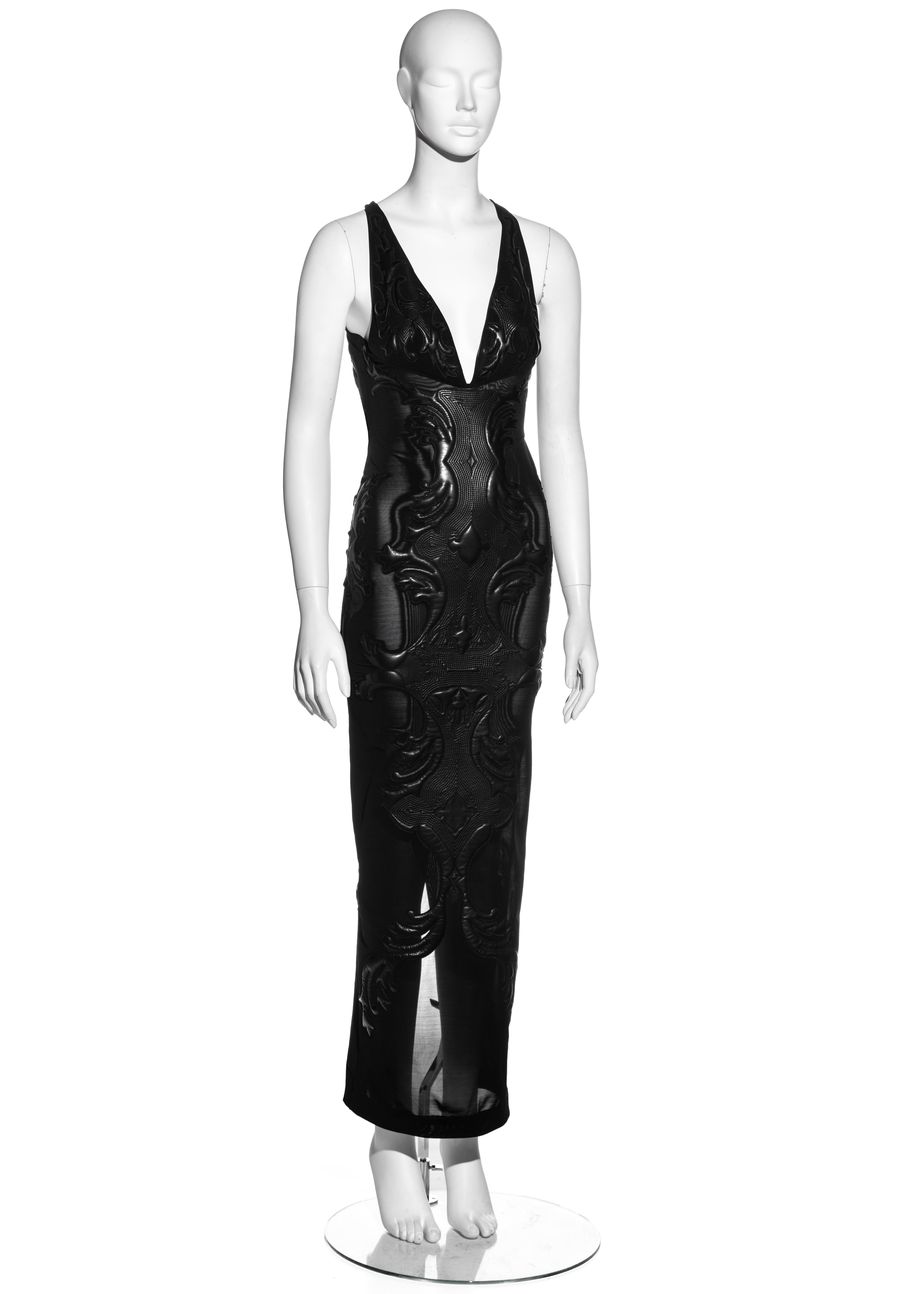 Black Roberto Cavalli black leather and nylon mesh low back evening dress, fw 2002