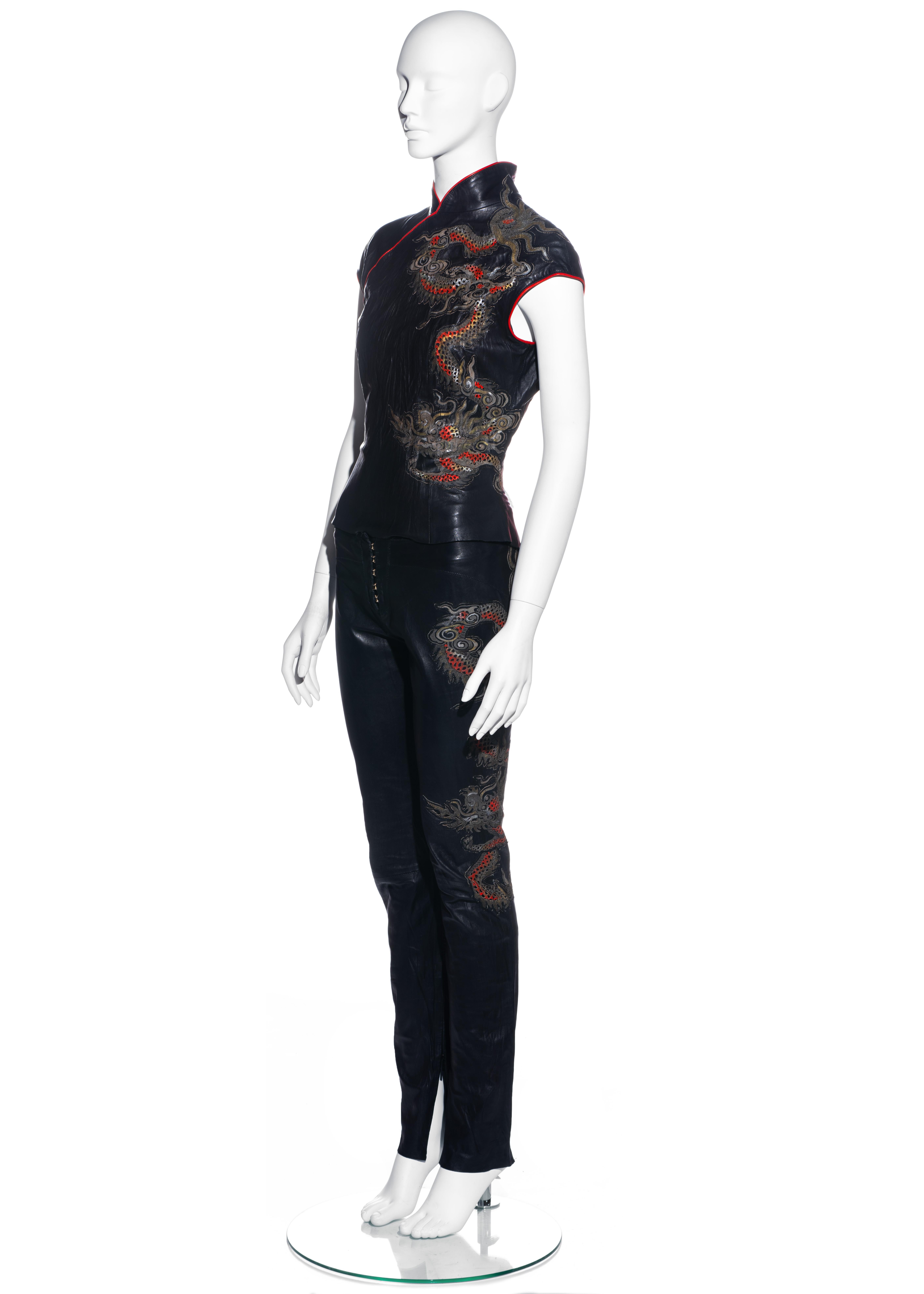Roberto Cavalli black leather cheongsam pant suit with dragon design, ss 2003 In Excellent Condition In London, GB