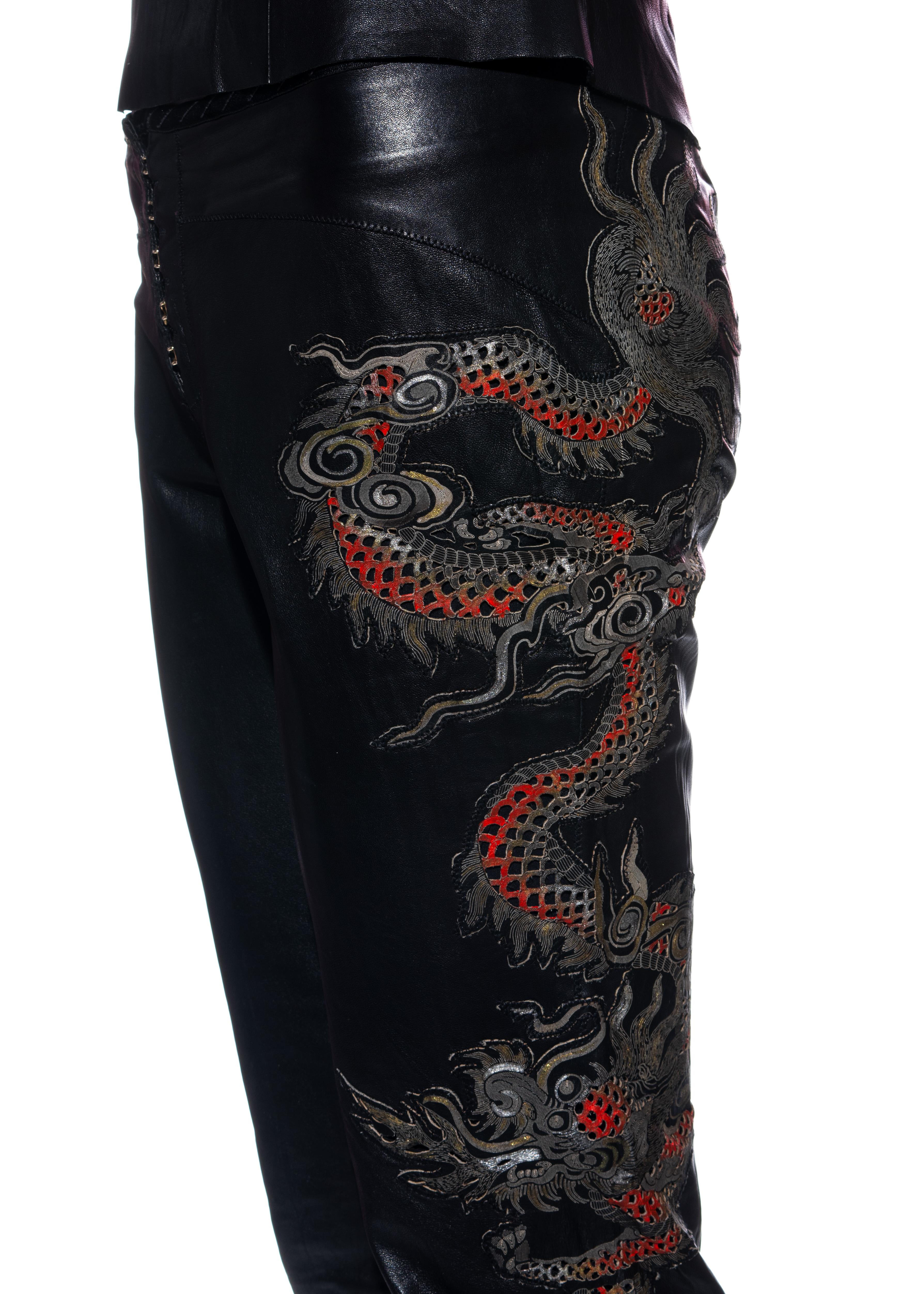 Women's Roberto Cavalli black leather cheongsam pant suit with dragon design, ss 2003