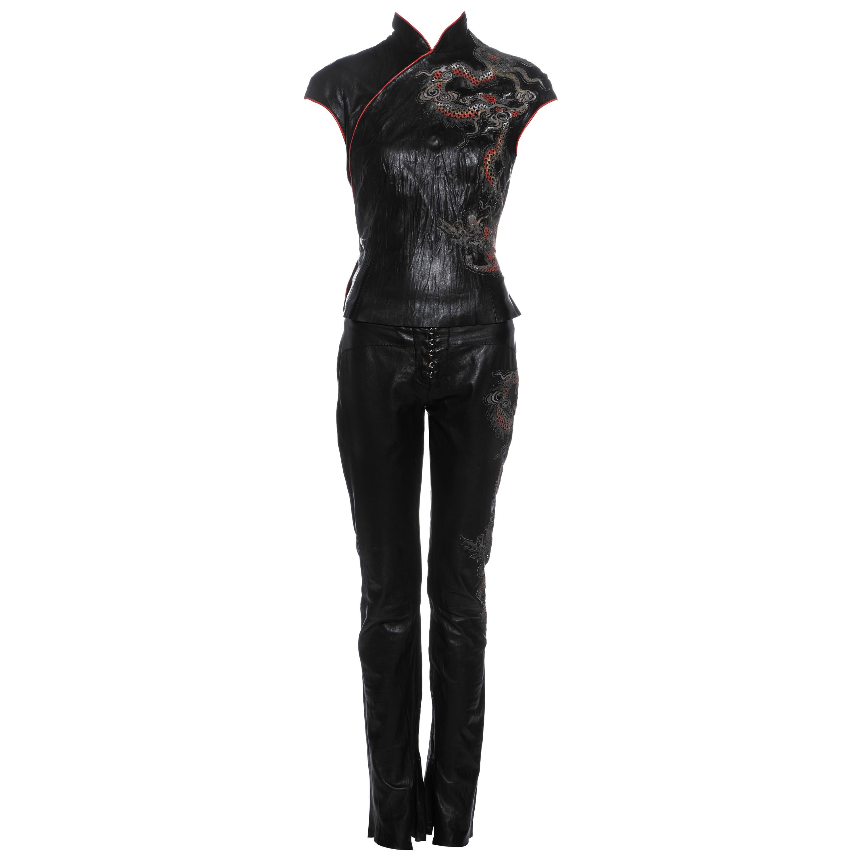 Roberto Cavalli black leather cheongsam pant suit with dragon design, ss 2003