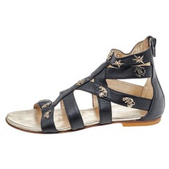 Roberto Cavalli Black Leather Embellished Sandals Size 35