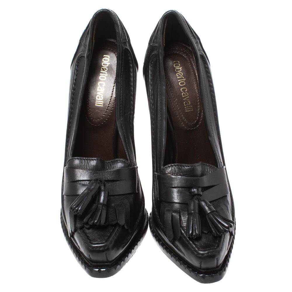 Roberto Cavalli Black Leather Fringe And Tassel Detail Loafer Pumps ...