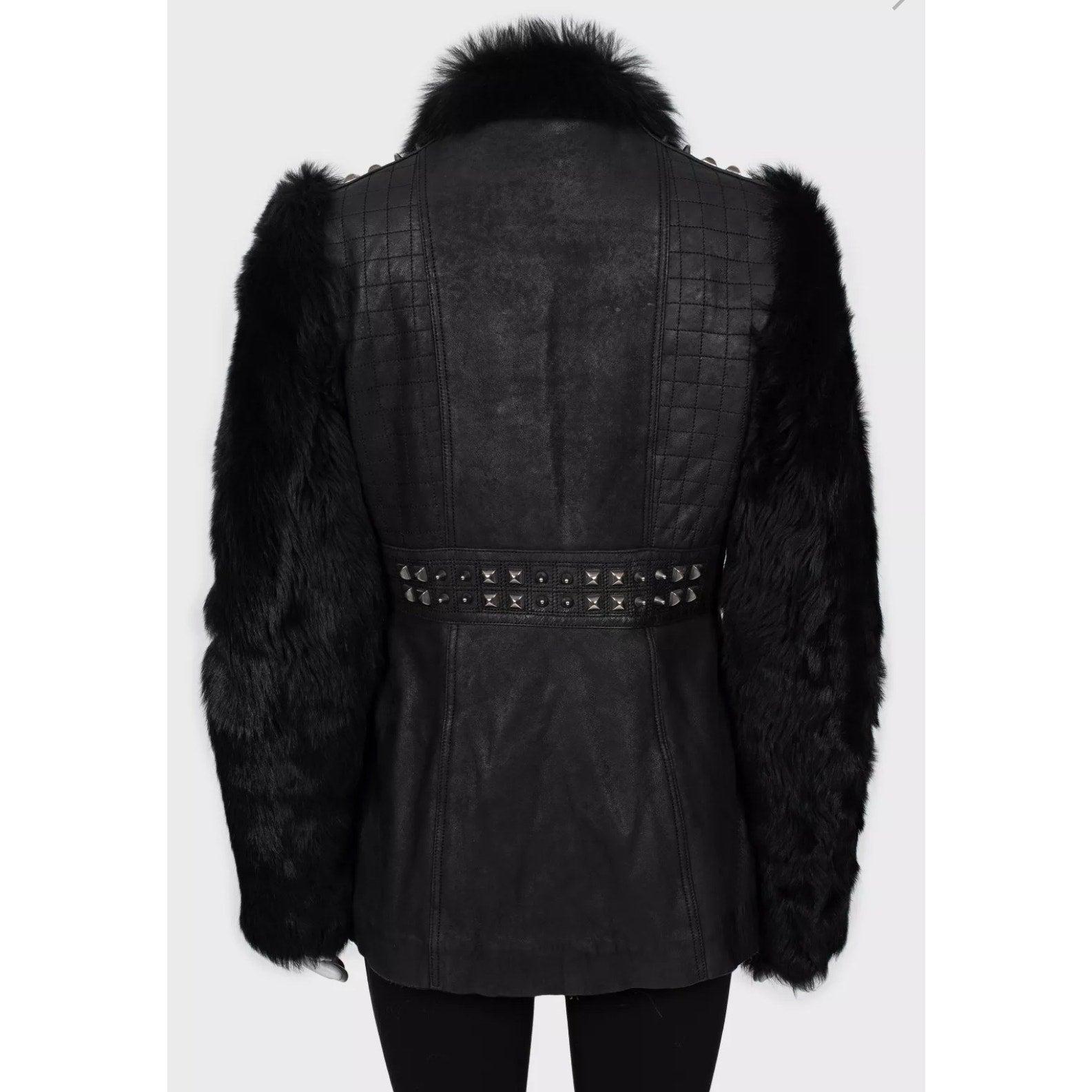 Roberto Cavalli Schwarz Leder Pelz Ärmel Jacke Sz.42/M im Zustand „Gut“ im Angebot in Krakow, PL