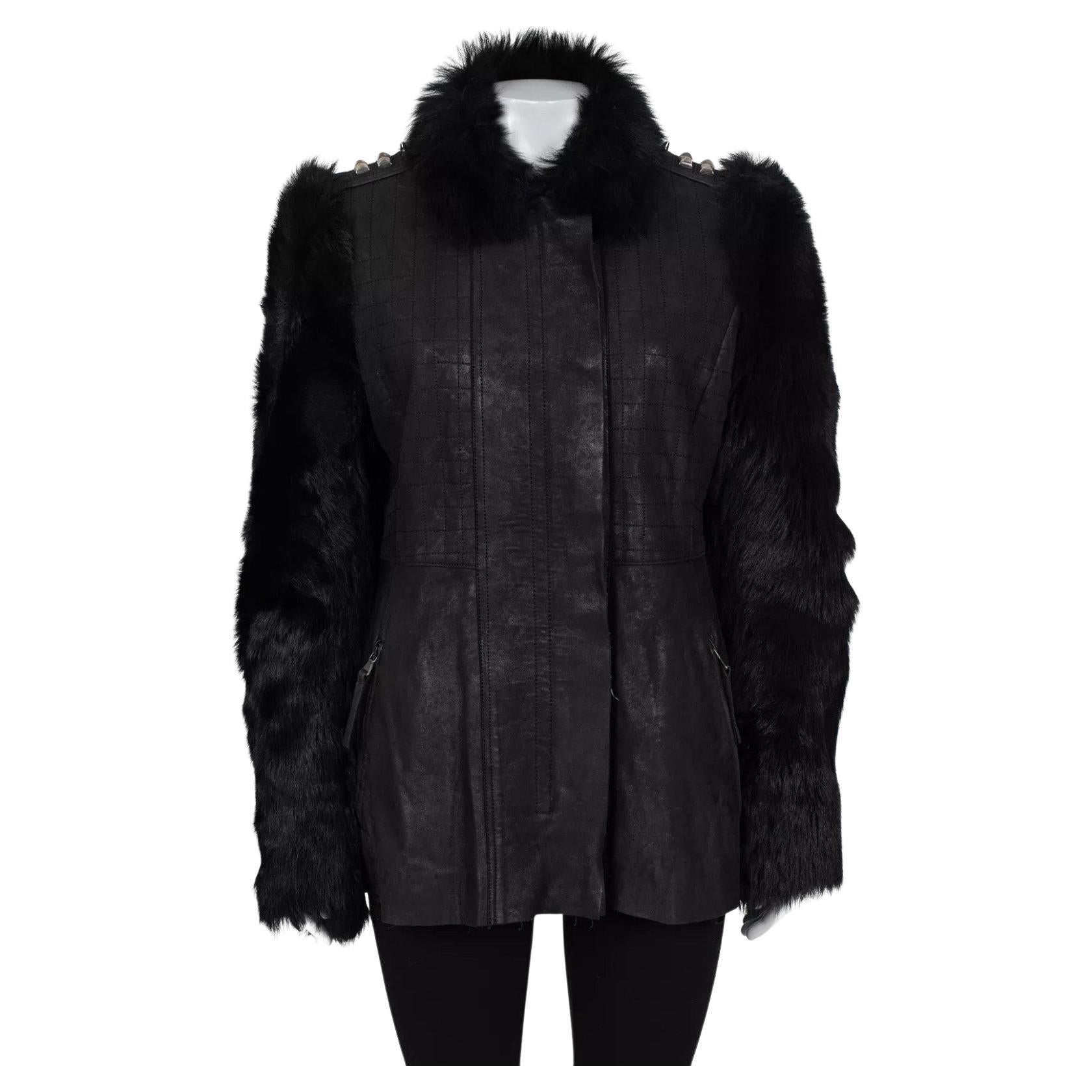 Roberto Cavalli Giacca in pelle nera con maniche di pelliccia Sz.42/M