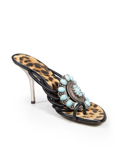 Roberto Cavalli Black Leather Metal Plate Sandals Size IT 37.5