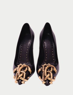 Roberto Cavalli Black Leather Pumps with Gold Serpent Embellishment - EU 38