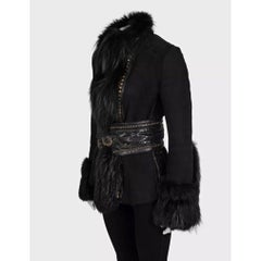Veste en cuir noir et peau de mouton Roberto Cavalli, bordée de fourrure de renard, taille 42 M (IT)