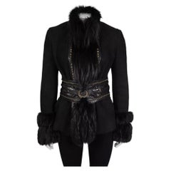 Veste en cuir noir et peau de mouton Roberto Cavalli, bordée de fourrure de renard, taille 42 M (IT)