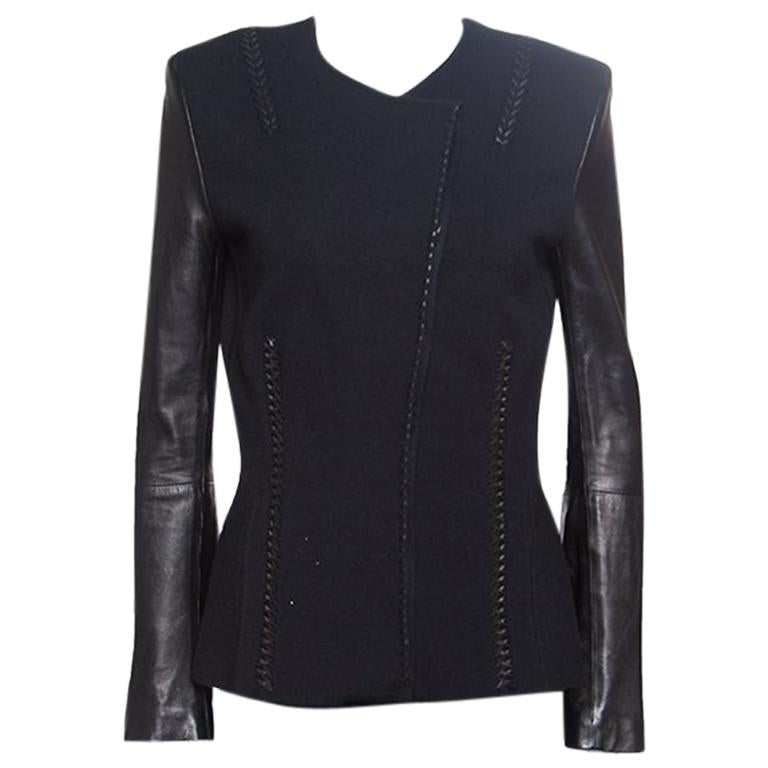 Roberto Cavalli Black Leather Sleeve Detail Wool and Cashmere Jacket S ...