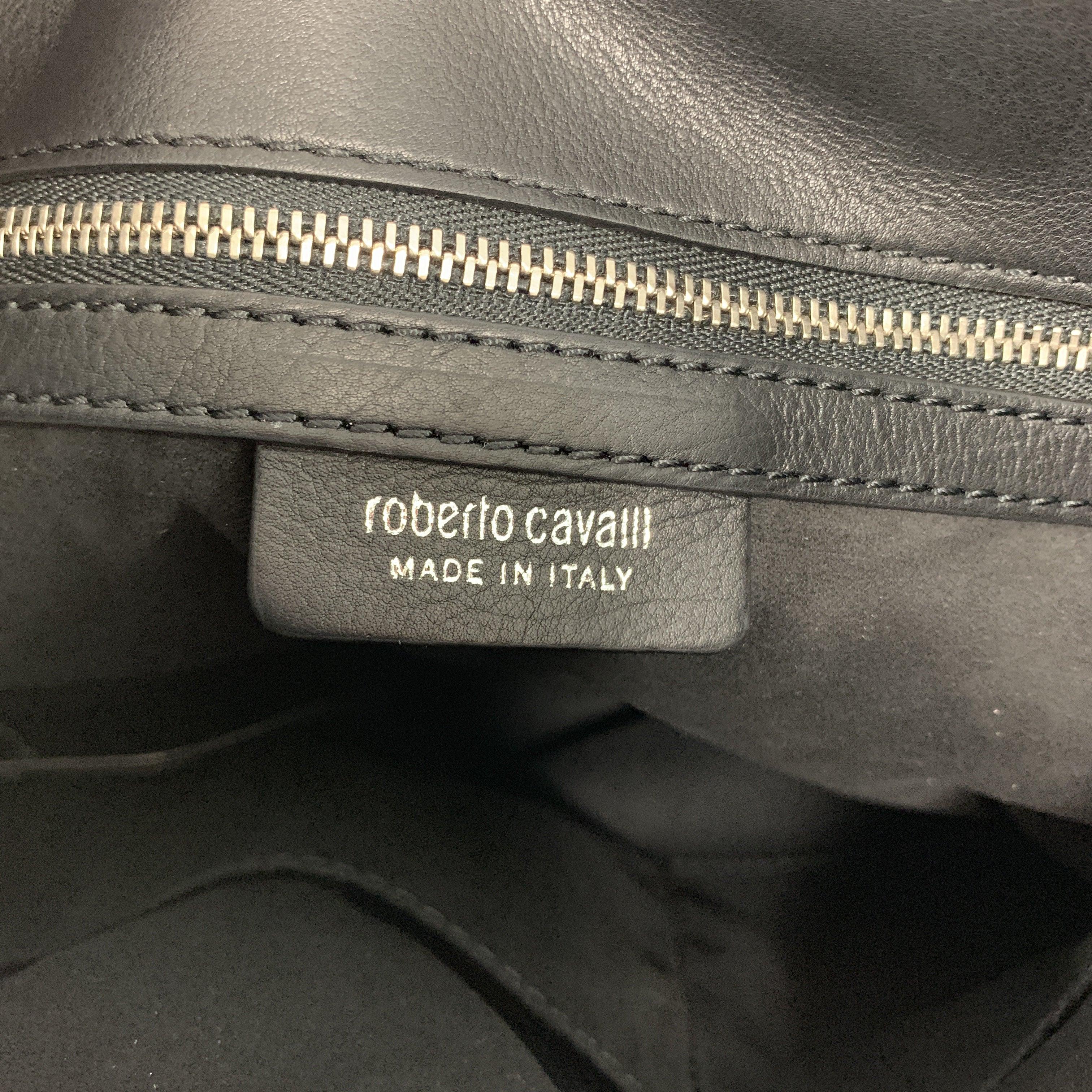ROBERTO CAVALLI Black Leather Studded Fring Bucket Backpack For Sale 5