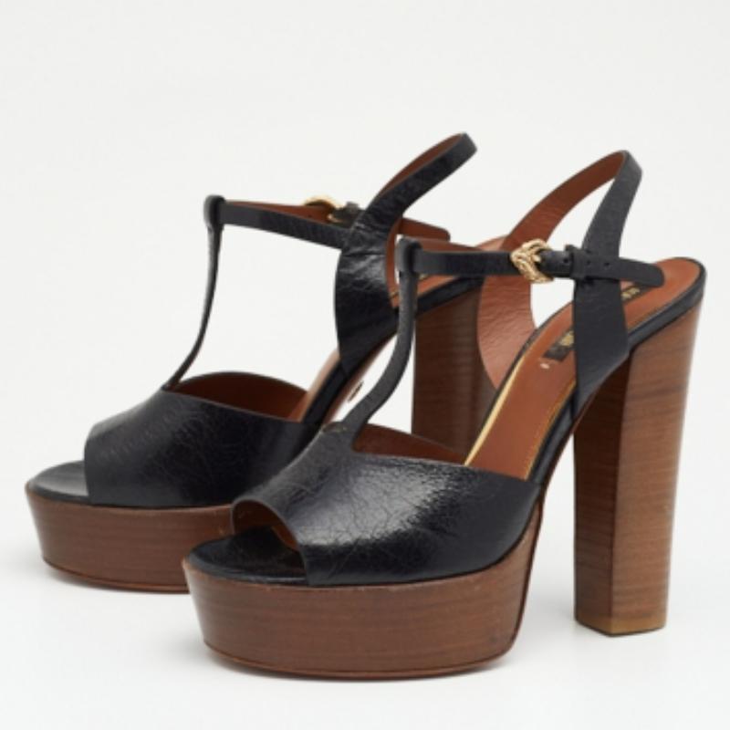 Women's Roberto Cavalli Black Leather T Strap Platform Sandals Size 36 For Sale