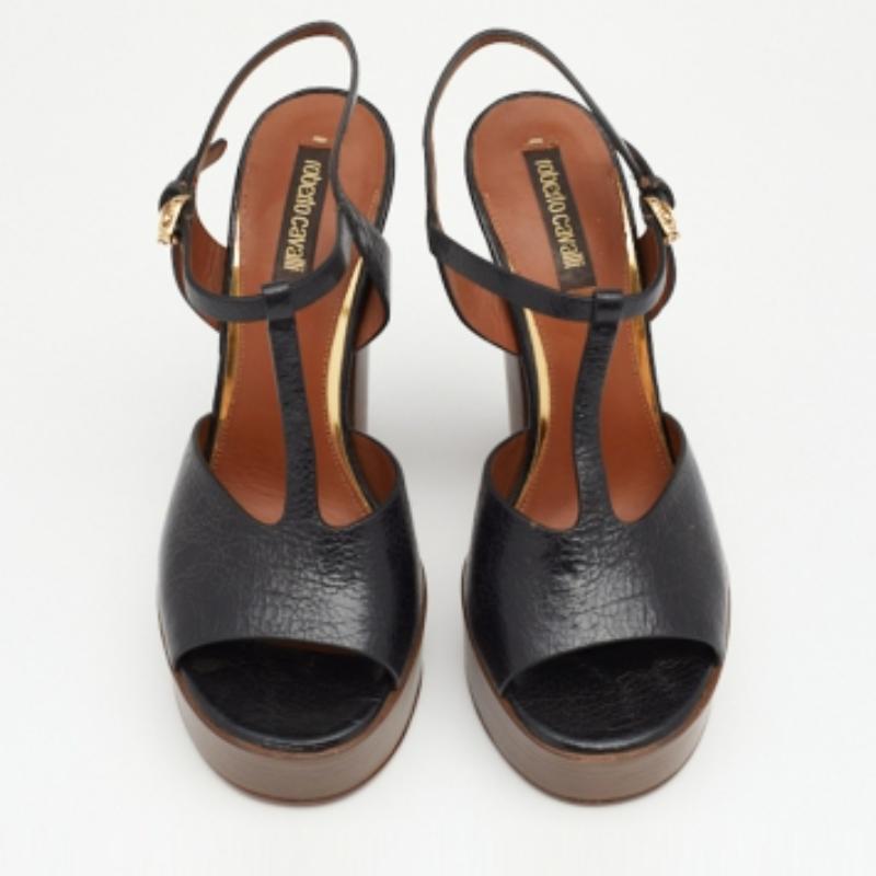 Roberto Cavalli Black Leather T Strap Platform Sandals Size 36 For Sale 1