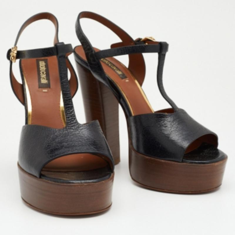 Roberto Cavalli Black Leather T Strap Platform Sandals Size 36 For Sale 2