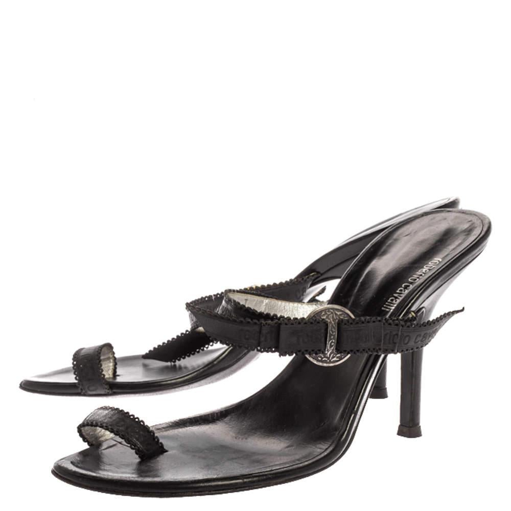 Women's Roberto Cavalli Black Leather Toe Ring Sandals Size 37