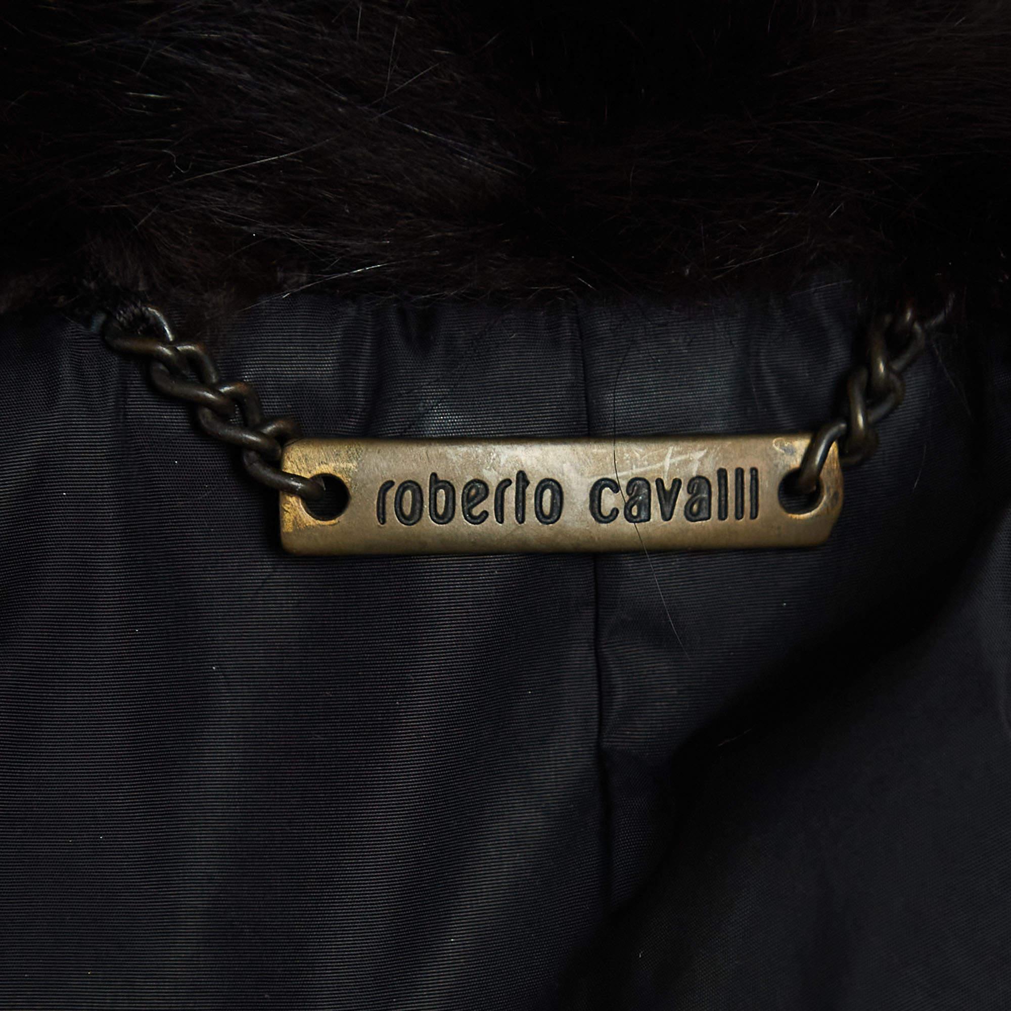 Roberto Cavalli Black Leather Trim Fur and Synthetic Belted Mid Length Coat S 1