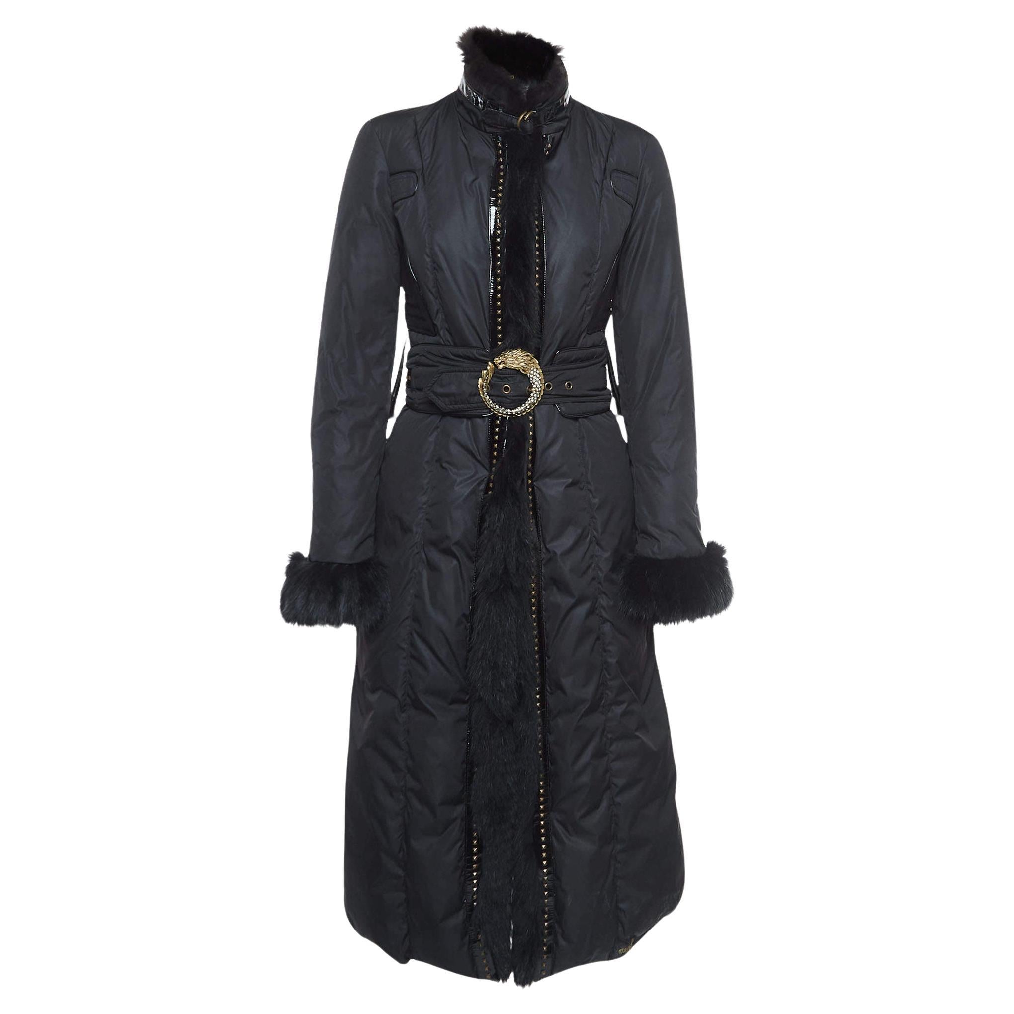 Roberto Cavalli Black Leather Trim Fur and Synthetic Belted Mid Length Coat S For Sale