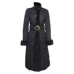 Roberto Cavalli Black Leather Trim Fur and Synthetic Belted Mid Length Coat S