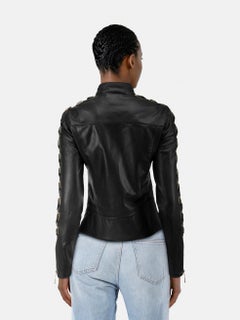 Roberto Cavalli Black Leather Woven Sleeves Jacket Size S