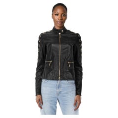 Roberto Cavalli Black Leather Woven Sleeves Jacket Size S