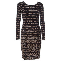 Roberto Cavalli Black Leopard and Stripe Print Stretch Long Sleeve Dress S