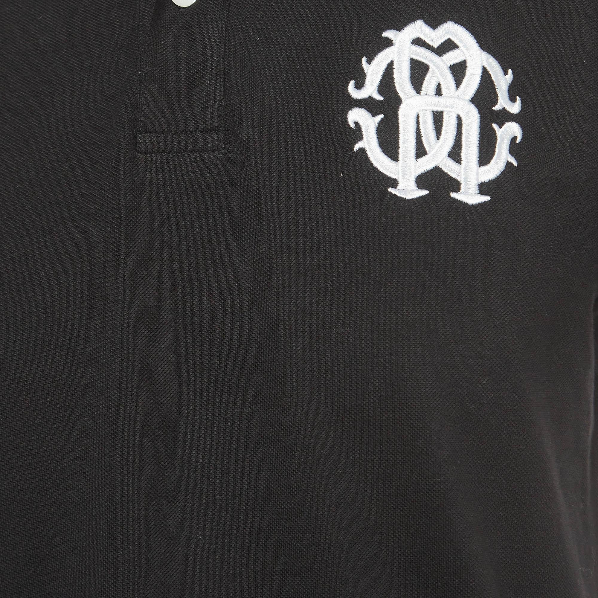 Men's Roberto Cavalli Black Logo Embroidered Cotton Pique Polo T-Shirt L