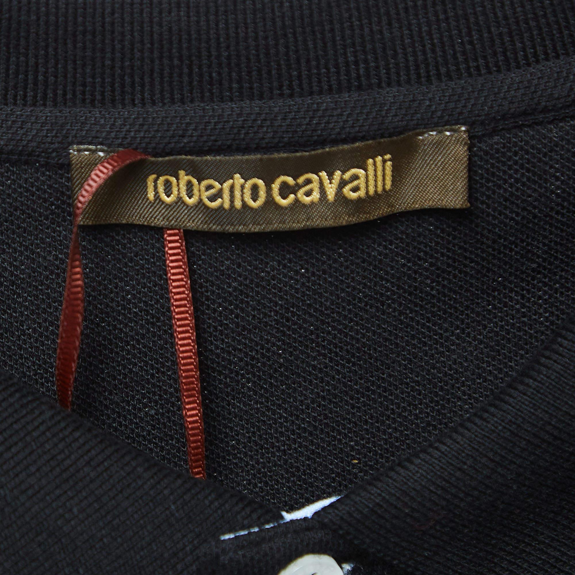 Men's Roberto Cavalli Black Logo Embroidered Cotton Polo T-Shirt XL For Sale