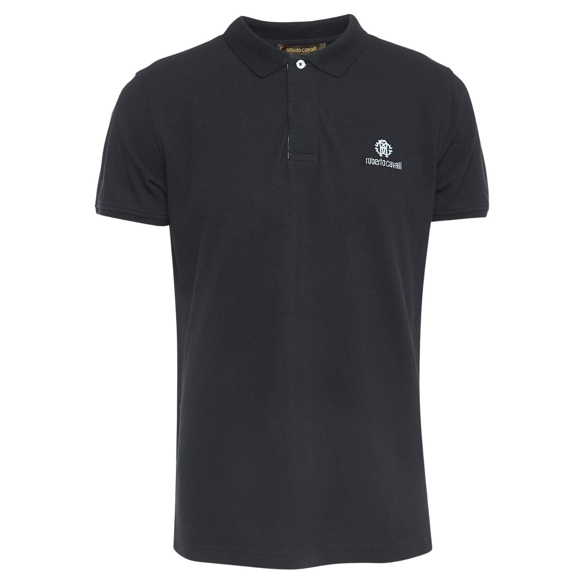 Roberto Cavalli Black Logo Embroidered Cotton Polo T-Shirt XL For Sale
