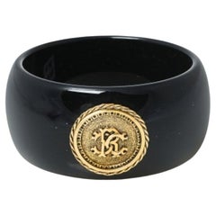 Roberto Cavalli Black Medallion Wide Bangle Bracelet