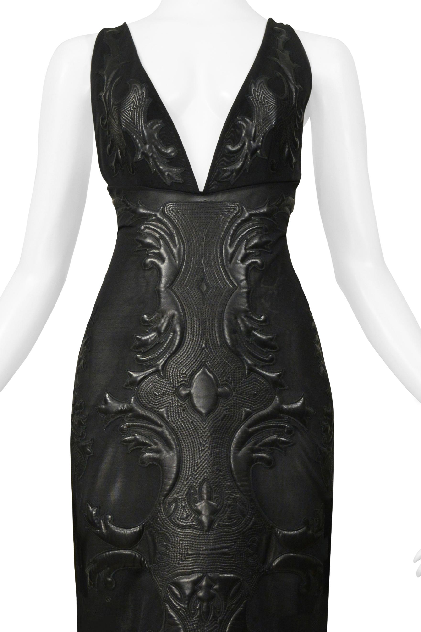 Roberto Cavalli Black Mesh & Leather Applique Evening Gown 2002 In Excellent Condition For Sale In Los Angeles, CA