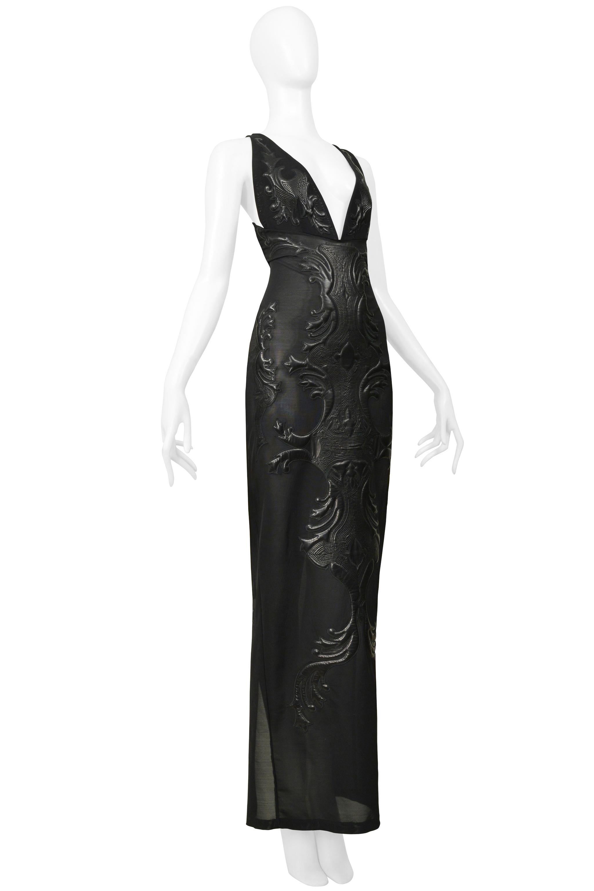Roberto Cavalli Black Mesh & Leather Applique Evening Gown 2002 For Sale 1