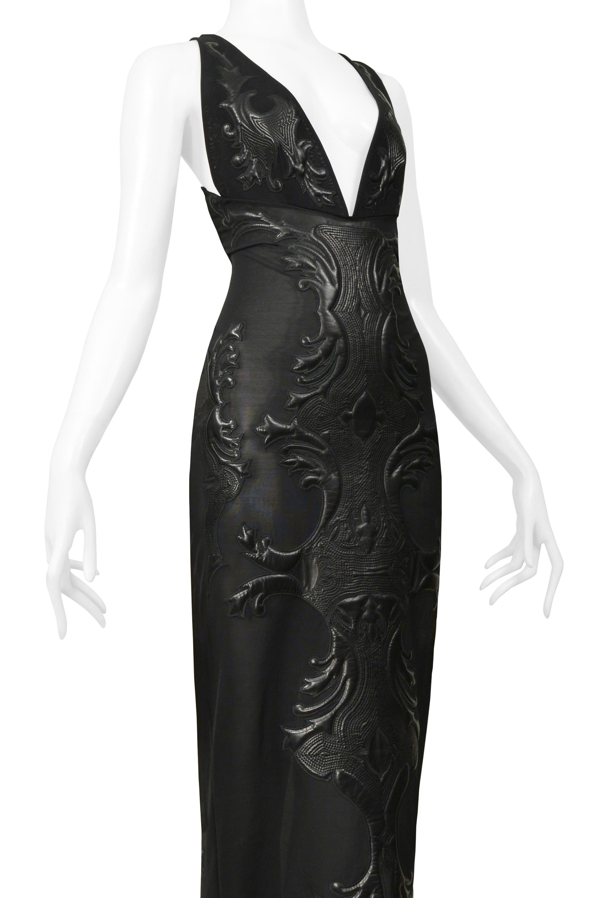 Roberto Cavalli Black Mesh & Leather Applique Evening Gown 2002 For Sale 2
